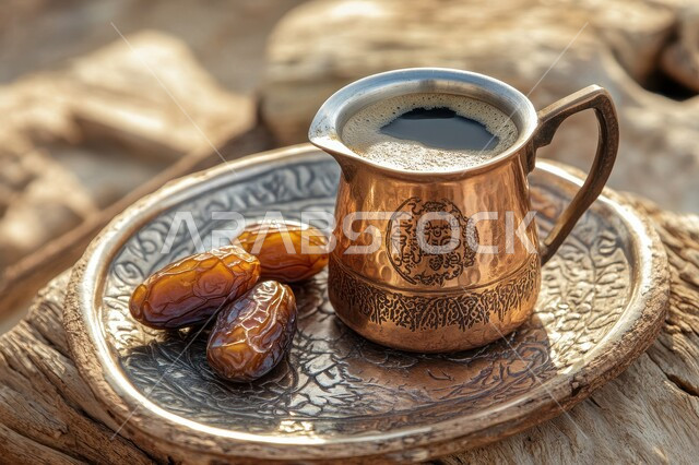 فنجان القهوة العربية مع التمر الطازج من النخل، الاستمتاع بالمشروبات الساخنة، العادات العربية القديمة في تقديم القهوة، حسن الضيافه وكرم الإستقبال في المملكة العربية السعودية،  جودة المنتجات والمحاصيل المحلية الوطنية
