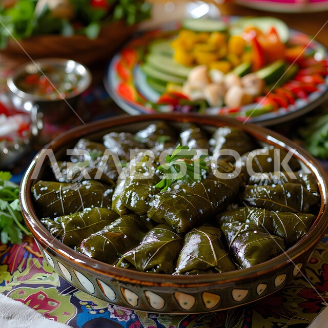 Stuffed grape leaves with rice and herbs, a feast of delicious Mediterranean cuisine, the art of presenting oriental foods, delicious popular food recipes and dishes, restaurants for famous Saudi Arabian Gulf cuisine, distinctive ways to present food, healthy meals in delicious ways