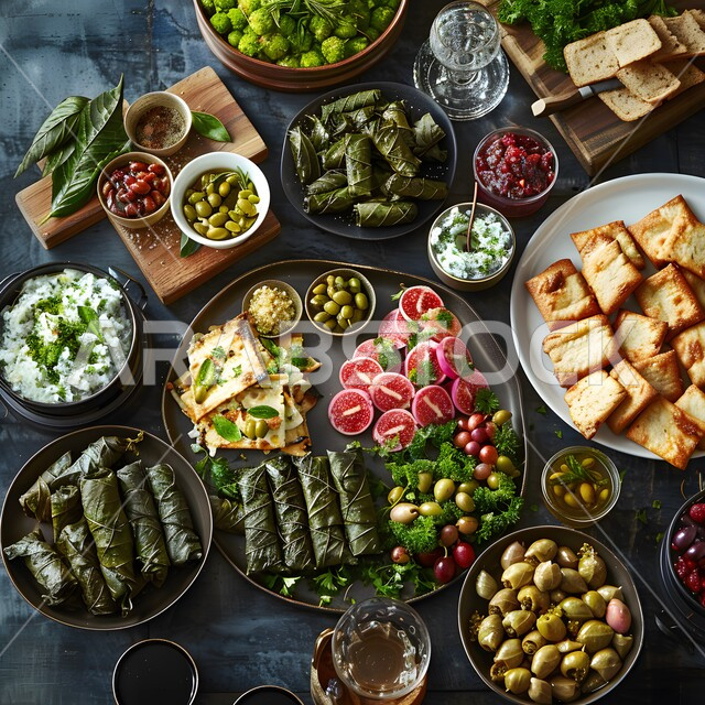 Stuffed grape leaves with rice and herbs, a feast of delicious Mediterranean cuisine, the art of presenting oriental foods, delicious popular food recipes and dishes, restaurants for famous Saudi Arabian Gulf cuisine, distinctive ways to present food, healthy meals in delicious ways