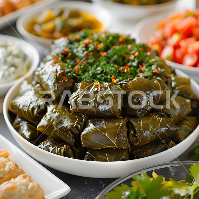  أوراق العنب المحشوة بالأرز والأعشاب، وليمة من المأكولات المتوسطية اللذيذة، فنون تقديم الأطعمة الأطعمة الشرقية، وصفات وأطباق طعام شعبية لذيذة، مطاعم للمأكولات العربية الخليجية السعودية المشهورة،  طرق مميزة لتقديم الطعام، وجبات صحية بطرائق شهية 