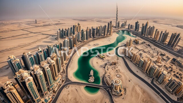 High-rise commercial buildings and facilities, building a sophisticated urban future in Dubai, modern architectural arts and designs, towers and skyscrapers in the United Arab Emirates, a futuristic vision of urban progress and growth, improving and developing infrastructure