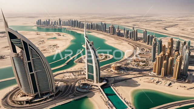 High-rise commercial buildings and facilities, building a sophisticated urban future in Dubai, modern architectural arts and designs, towers and skyscrapers in the United Arab Emirates, a futuristic vision of urban progress and growth, improving and developing infrastructure