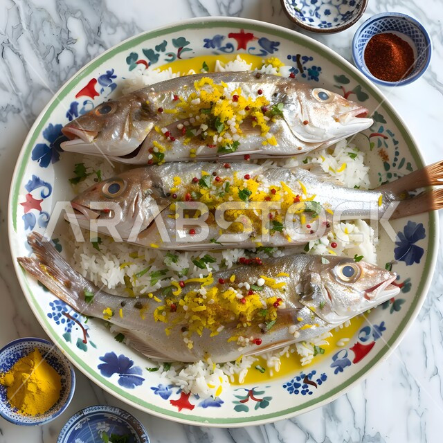 A plate of grilled fish on top of biryani rice, the art of presenting food, oriental foods, delicious popular food recipes and dishes, restaurants for famous Saudi Arabian Gulf foods, distinctive ways to present food, healthy meals in delicious ways