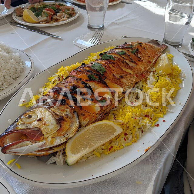 طبق من السمك المشوي على وجه أرز البرياني، فنون تقديم الأطعمة الأطعمة الشرقية، وصفات وأطباق طعام شعبية لذيذة، مطاعم للمأكولات العربية الخليجية السعودية المشهورة،  طرق مميزة لتقديم الطعام، وجبات صحية بطرائق شهية 