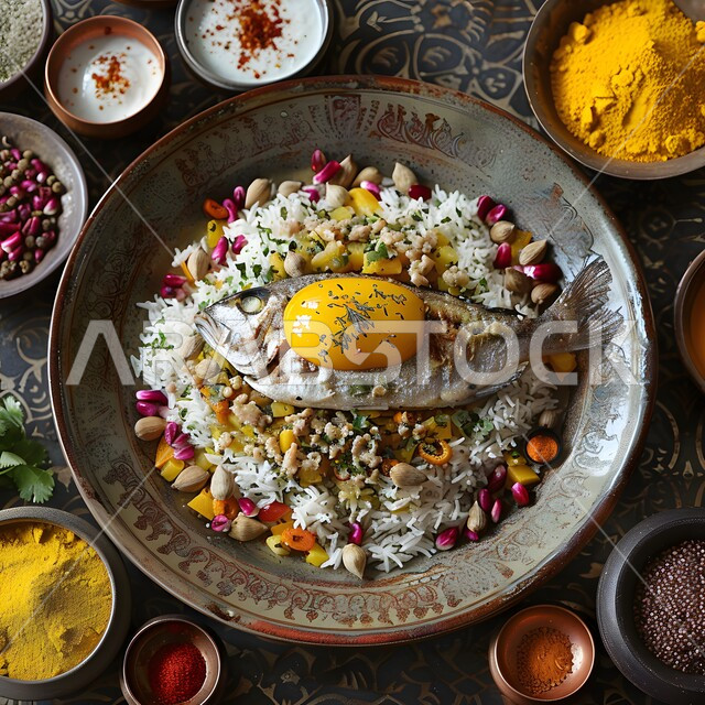 طبق من السمك المشوي على وجه أرز البرياني، فنون تقديم الأطعمة الأطعمة الشرقية، وصفات وأطباق طعام شعبية لذيذة، مطاعم للمأكولات العربية الخليجية السعودية المشهورة،  طرق مميزة لتقديم الطعام، وجبات صحية بطرائق شهية 