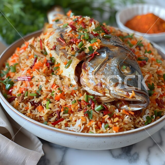 طبق من السمك المشوي على وجه أرز البرياني، فنون تقديم الأطعمة الأطعمة الشرقية، وصفات وأطباق طعام شعبية لذيذة، مطاعم للمأكولات العربية الخليجية السعودية المشهورة،  طرق مميزة لتقديم الطعام، وجبات صحية بطرائق شهية 