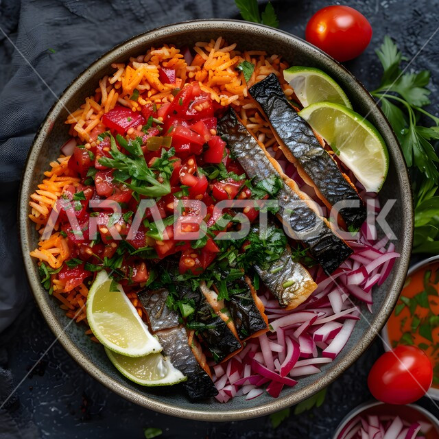 A plate of grilled fish on top of biryani rice, the art of presenting food, oriental foods, delicious popular food recipes and dishes, restaurants for famous Saudi Arabian Gulf foods, distinctive ways to present food, healthy meals in delicious ways