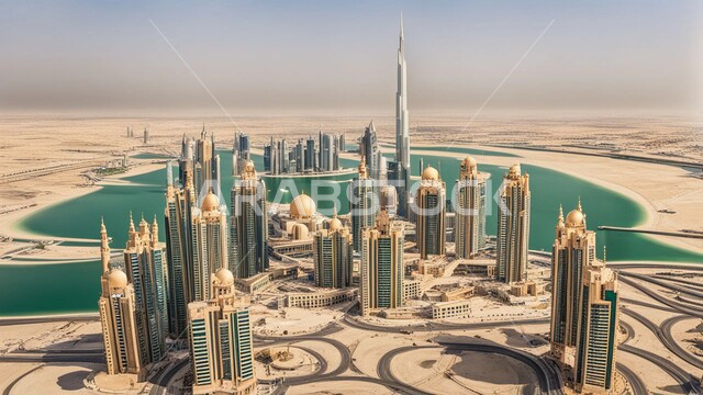 منظر تخيلي مستقبلي للتقدم والنمو العمراني، تحسين وتطوير البنية التحتية، المنشآت والمباني التجارية الشاهقة، بناء مستقبل حضاري متطور في دبي، الفنون والتصاميم المعمارية الحديثة، الأبراج وناطحات السحاب في الامارات العربية المتحدة