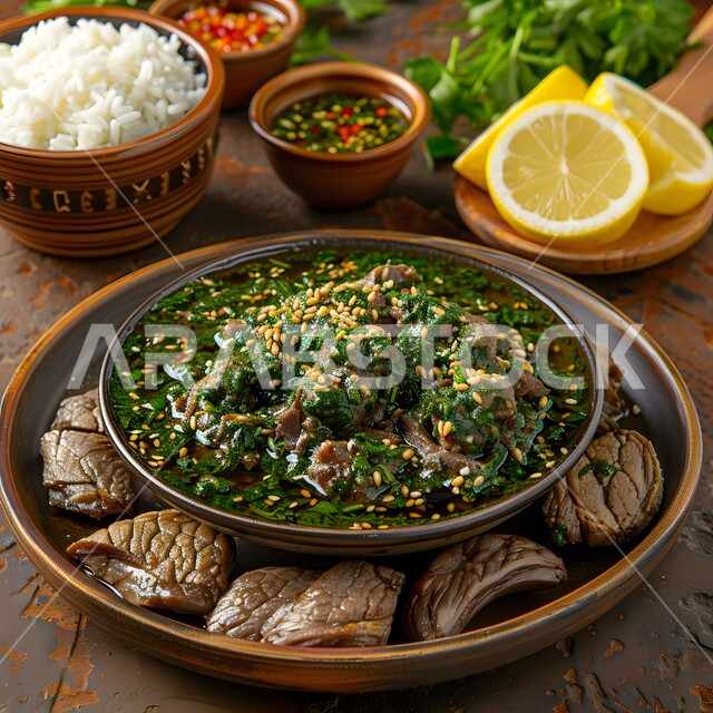 طبق لحم بقري لذيذ مع صلصة خضراء وبذور السمسم، فنون تقديم الأطعمة الأطعمة الشرقية، وصفات وأطباق طعام شعبية لذيذة، مطاعم للمأكولات العربية الخليجية السعودية المشهورة،  طرق مميزة لتقديم الطعام، وجبات صحية بطرائق شهية 