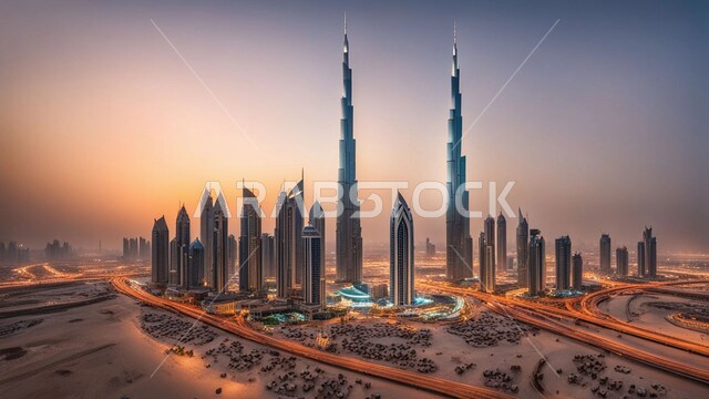 المباني والمنشآت التجارية الشاهقة، بناء مستقبل حضاري متطور في دبي، الفنون والتصاميم المعمارية الحديثة، ناطحات السحاب والأبراج في الامارات العربية المتحدة، منظر تخيلي مستقبلي للتقدم والنمو العمراني، تحسين وتطوير البنية التحتية
