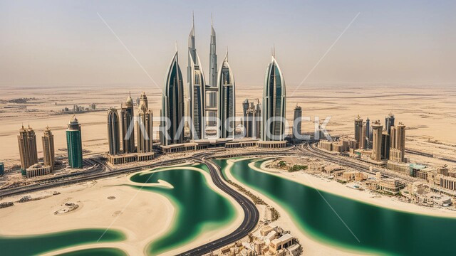 منظر تخيلي مستقبلي للتقدم والنمو العمراني، تحسين وتطوير البنية التحتية، المباني والمنشآت التجارية الشاهقة، بناء مستقبل حضاري متطور في دبي، الفنون والتصاميم المعمارية الحديثة، ناطحات السحاب والأبراج في الامارات العربية المتحدة