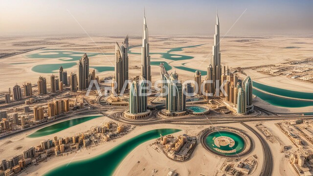 الفنون والتصاميم المعمارية الحديثة، ناطحات السحاب والأبراج في الامارات العربية المتحدة، منظر تخيلي مستقبلي للتقدم والنمو العمراني، تحسين وتطوير البنية التحتية، المباني والمنشآت التجارية الشاهقة، بناء مستقبل حضاري متطور في دبي