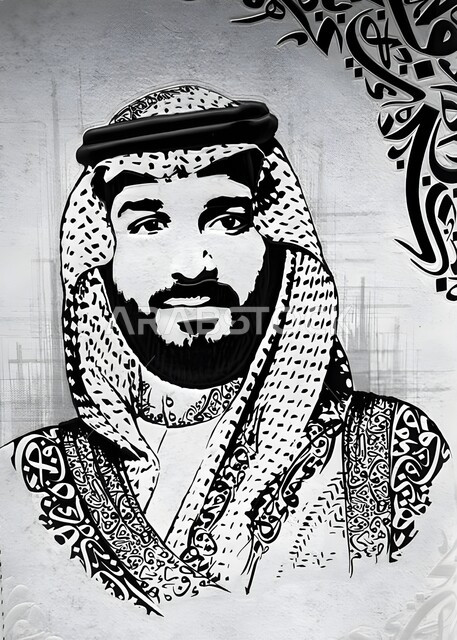 لوحة جدارية فنية باللونين الأبيض والأسود لصاحب السمو الملكي ولي العهد محمد بن سلمان يرتدي الزي التقليدي السعودي والشماغ, التعبير عن المحبة والانتماء الوطني، فنون الرسم بالمملكة العربية السعودية