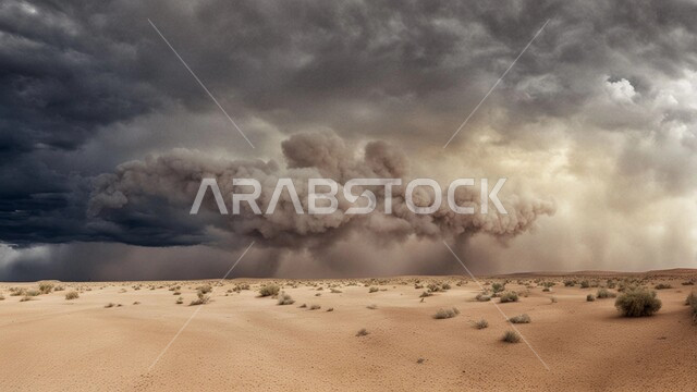 عاصفة رياح ترابية في المناطق الصحراوية, الزوابع الغبارية القوية، العاصفة الرملية في الصحراء,  الكثبان والرمال الذهبية الناعمة، التشكيلات والتكوينات الرملية في المملكة العربية السعودية, منظر السماء الممتلئة بالغيوم الداكنة