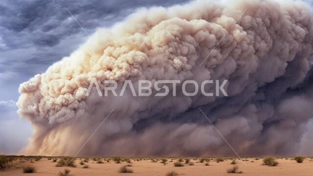 عاصفة رياح ترابية في المناطق الصحراوية, الزوابع الغبارية القوية، العاصفة الرملية في الصحراء,  الكثبان والرمال الذهبية الناعمة، التشكيلات والتكوينات الرملية في المملكة العربية السعودية, منظر السماء الممتلئة بالغيوم الداكنة