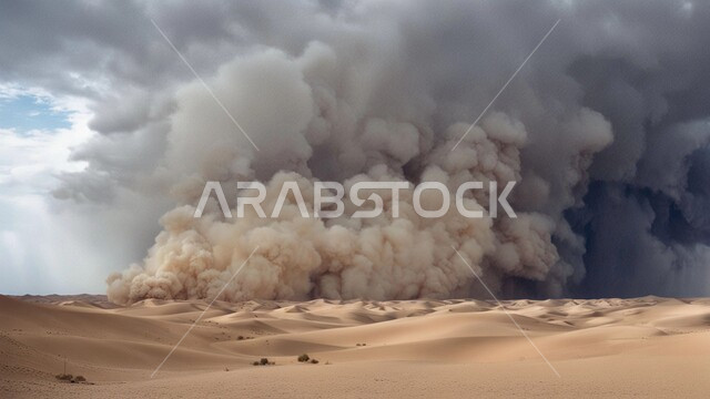 عاصفة رياح ترابية في المناطق الصحراوية, الزوابع الغبارية القوية، العاصفة الرملية في الصحراء,  الكثبان والرمال الذهبية الناعمة، التشكيلات والتكوينات الرملية في المملكة العربية السعودية, منظر السماء الممتلئة بالغيوم الداكنة