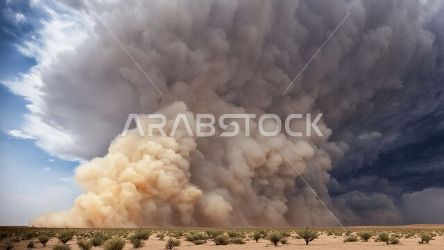 عاصفة رياح ترابية في المناطق الصحراوية, الزوابع الغبارية القوية، العاصفة الرملية في الصحراء,  الكثبان والرمال الذهبية الناعمة، التشكيلات والتكوينات الرملية في المملكة العربية السعودية, منظر السماء الممتلئة بالغيوم الداكنة