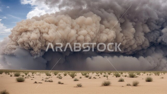 الزوابع الغبارية القوية، العاصفة الرملية في الصحراء, رياح ترابية في المناطق الصحراوية, الكثبان والرمال الذهبية الناعمة، التشكيلات والتكوينات الرملية في المملكة العربية السعودية, منظر السماء الممتلئة بالغيوم الداكنة