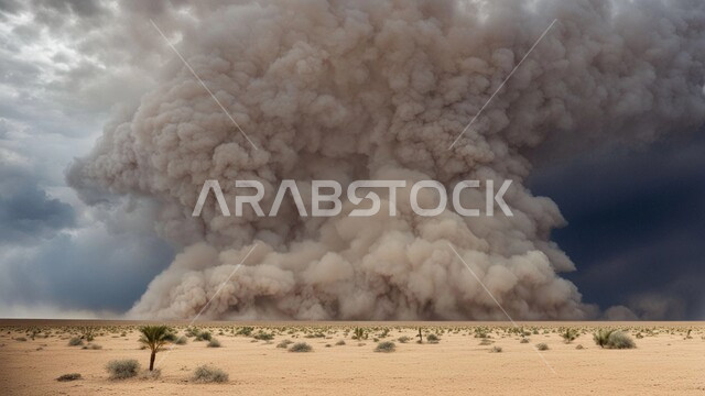 الزوابع الغبارية القوية، العاصفة الرملية في الصحراء, رياح ترابية في المناطق الصحراوية, الكثبان والرمال الذهبية الناعمة، التشكيلات والتكوينات الرملية في المملكة العربية السعودية, منظر السماء الممتلئة بالغيوم الداكنة