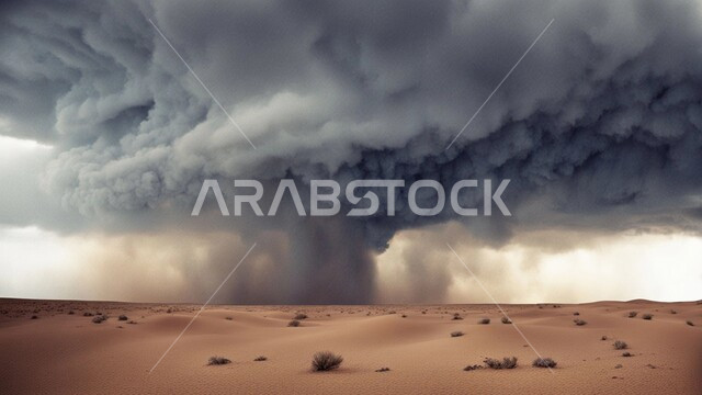 الزوابع الغبارية القوية، العاصفة الرملية في الصحراء, رياح ترابية في المناطق الصحراوية, الكثبان والرمال الذهبية الناعمة، التشكيلات والتكوينات الرملية في المملكة العربية السعودية, منظر السماء الممتلئة بالغيوم الداكنة