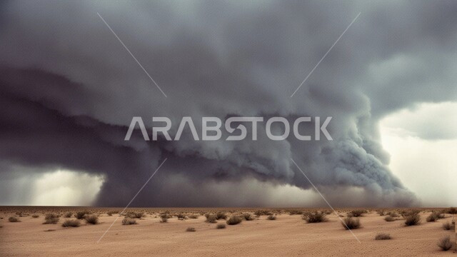 الزوابع الغبارية القوية، العاصفة الرملية في الصحراء, رياح ترابية في المناطق الصحراوية, الكثبان والرمال الذهبية الناعمة، التشكيلات والتكوينات الرملية في المملكة العربية السعودية, منظر السماء الممتلئة بالغيوم الداكنة