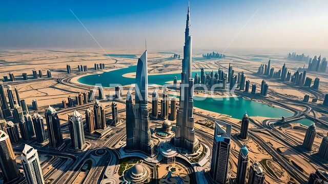 منظر تخيلي للتقدم والنمو العمراني في وقت النهار ، بناء مستقبل حضاري متطور في دبي ، مفهوم تطوير وتحسين البنية التحتية، التصاميم والفنون المعمارية الحديثة للأبراج وناطحات السحاب في الامارات العربية المتحدة 