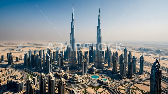 بناء مستقبل حضاري متطور في دبي ، مفهوم تطوير وتحسين البنية التحتية، التصاميم والفنون المعمارية الحديثة للأبراج  وناطحات السحاب في الامارات العربية المتحدة ،منظر تخيلي للتقدم والنمو العمراني في وقت النهار ، 