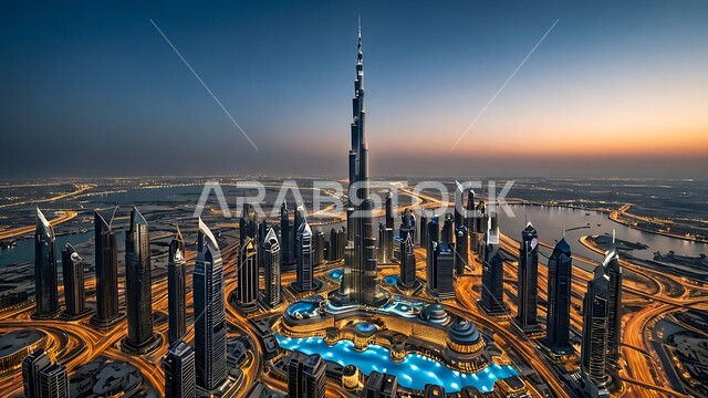 مفهوم تطوير وتحسين البنية التحتية، التصاميم والفنون المعمارية الحديثة للأبراج المضيئه وناطحات السحاب في الامارات العربية المتحدة،منظر تخيلي للتقدم والنمو العمراني، بناء مستقبل حضاري متطور في دبي