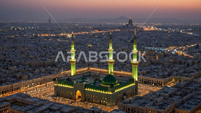 الفن الهندسي الاسلامي للمساجد، القبب والمآذن المضيئة وقت غروب الشمس، أماكن ومعالم إسلامية مقدسة مشهورة  في المملكة العربية السعودية، المسجد النبوي الشريف في المدينة المنورة، العبادة والتقرب الى الله تعالى