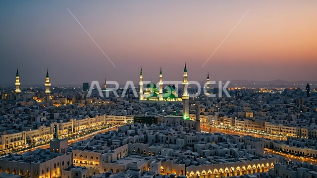 المسجد النبوي الشريف في المدينة المنورة، العبادة والتقرب الى الله تعالى، الفن الهندسي الاسلامي للمساجد، المآذن والقبب المضيئة وقت غروب الشمس، معالم وأماكن إسلامية مقدسة مشهورة  في المملكة العربية السعودية