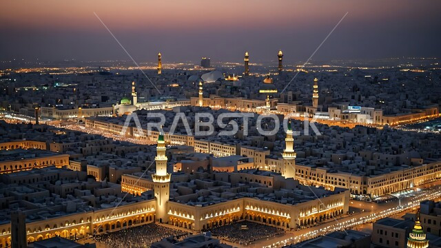 Worship and getting closer to God Almighty, Islamic architectural art of mosques, minarets and illuminated domes at sunset, famous Islamic landmarks and holy places in the Kingdom of Saudi Arabia, the Prophet’s Mosque in Medina