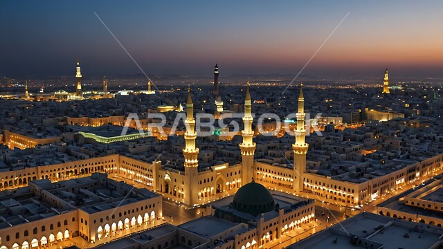 الفن الهندسي الاسلامي للمساجد، المآذن والقبب المضيئة وقت غروب الشمس، معالم وأماكن إسلامية مقدسة مشهورة  في المملكة العربية السعودية، المسجد النبوي الشريف في المدينة المنورة، العبادة والتقرب الى الله تعالى