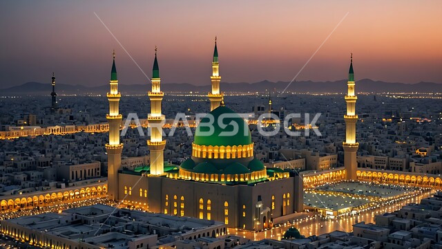 المآذن والقبب المضيئة وقت غروب الشمس، معالم وأماكن إسلامية مقدسة مشهورة  في المملكة العربية السعودية، المسجد النبوي الشريف في المدينة المنورة، العبادة والتقرب الى الله تعالى، الفن الهندسي الاسلامي للمساجد