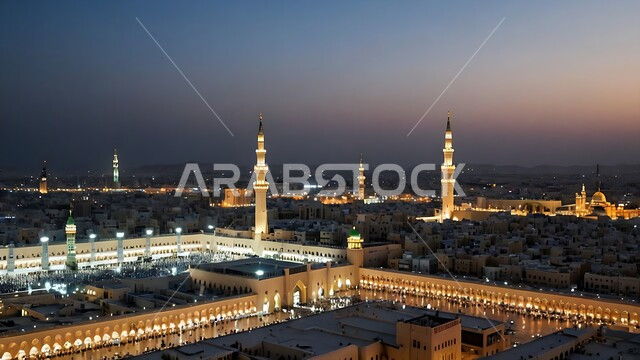 The Prophet's Mosque in Medina, worship and drawing closer to God Almighty, Islamic architectural art of mosques, minarets and illuminated domes at sunset, famous Islamic holy places and landmarks in the Kingdom of Saudi Arabia
