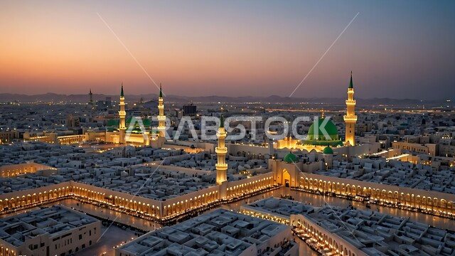 Worship and getting closer to God Almighty, Islamic architectural art of mosques, minarets and illuminated domes at sunset, famous Islamic holy places and landmarks in the Kingdom of Saudi Arabia, the Prophet’s Mosque in Medina