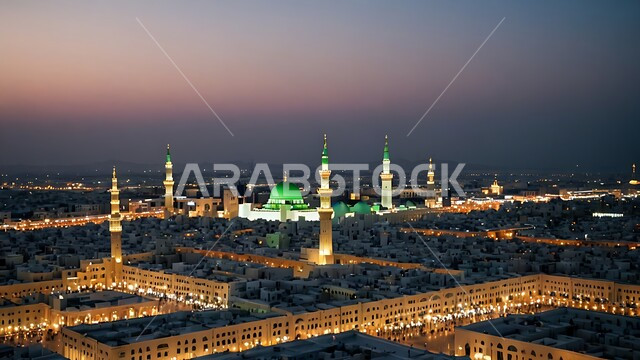 الفن الهندسي الاسلامي للمساجد، المآذن والقبب المضيئة وقت غروب الشمس، أماكن ومعالم إسلامية مقدسة مشهورة  في المملكة العربية السعودية، المسجد النبوي الشريف في المدينة المنورة ، العبادة والتقرب الى الله تعالى