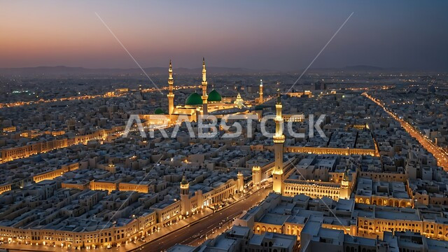 Illuminated domes and minarets at sunset, famous Islamic holy places and landmarks in Saudi Arabia, the Prophet's Mosque in Medina, worship and drawing closer to God Almighty, Islamic architectural art of mosques