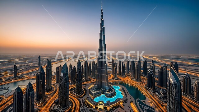 مفهوم تطوير وتحسين البنية التحتية، التصاميم والفنون المعمارية الحديثة للأبراج المضيئه وناطحات السحاب في الامارات العربية المتحدة،منظر تخيلي للتقدم والنمو العمراني، بناء مستقبل حضاري متطور في دبي