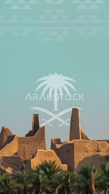 شعار المملكة العربية السعودية مع جدران الدرعية, إحياء ذكرى اليوم الوطني السعودي 23 سبتمبر, رمز النخلة و السيفين المتقاطعين المعدنيين, الاحتفال بالمناسبات و الأعياد الوطنية