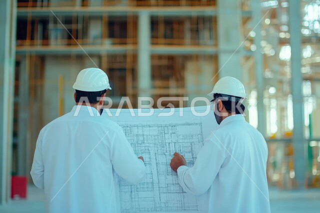 مهن ووظائف هندسية سعودية، متابعة استراتيجية المشروع، مناقشة خطة تشييد موقع بناء، صورة من الخلف لمهندسان عربيان خليجيان سعوديان يرتديان الزي التقليدي والخوذه  يحملان ورقة مخطط العمل