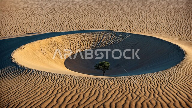 شجرة خضراء في وسط حفرة عميقة لواحة جافة، الرمال الذهبية الناعمة في المناطق الصحراوية في المملكة العربية السعودية، التضاريس في البيئة القاحلة في الصحاري الواسعة، الكثبان والتلال الرملية اللامعة تحت أشعة الشمس وقت النهار، خلفية الطبيعة