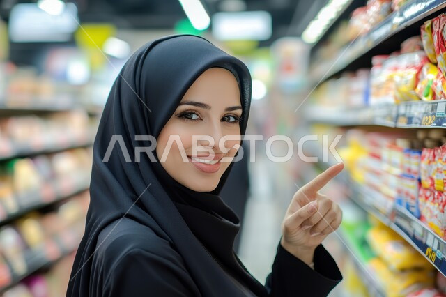 السلع والمواد غذائية المختلفة، شراء الاحتياجات والمستلزمات المنزلية للمستهلك، صورة مقربة لامرأة عربية سعودية خليجية محجبة مبتسمة تشير بيدها الى شيئ ما، قضاء وقت ممتع في المركز التجاري