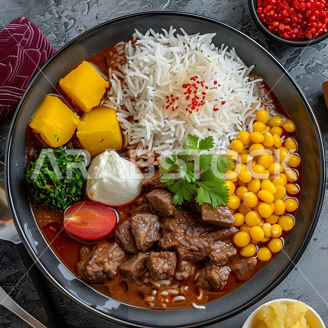 طبق من يخنة لحم البقر الشهي مع الأرز والخضروات, وصفات اللحومات المشوية بالنكهات المتميزة، مطاعم للمأكولات الشرقية في المملكة العربية السعودية، وجبات اللحم الصحية والمغذية، الاستمتاع بتحضير أطباق لذيذة