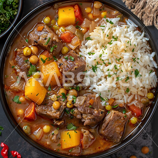 طبق من يخنة لحم البقر الشهي مع الأرز والخضروات, وصفات اللحومات المشوية بالنكهات المتميزة، مطاعم للمأكولات الشرقية في المملكة العربية السعودية، وجبات اللحم الصحية والمغذية، الاستمتاع بتحضير أطباق لذيذة