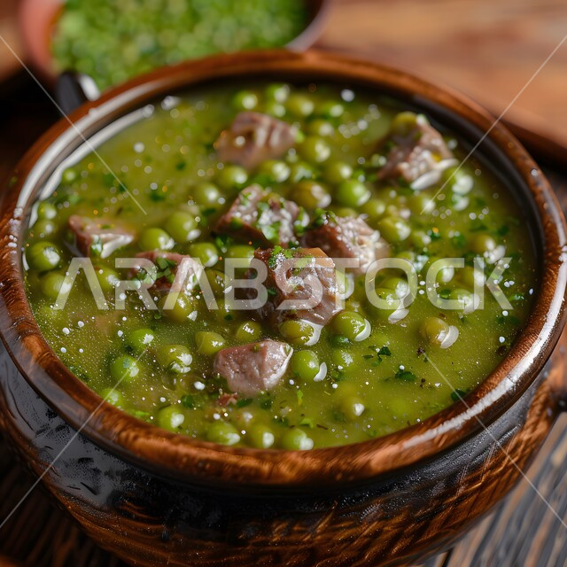 طبق من يخنة البازلاء ولحم البقر في وعاء ريفي, وصفات اللحومات المشوية بالنكهات المتميزة، مطاعم للمأكولات الشرقية في المملكة العربية السعودية، وجبات صحية ومغذية، الاستمتاع بتحضير أطباق لذيذة