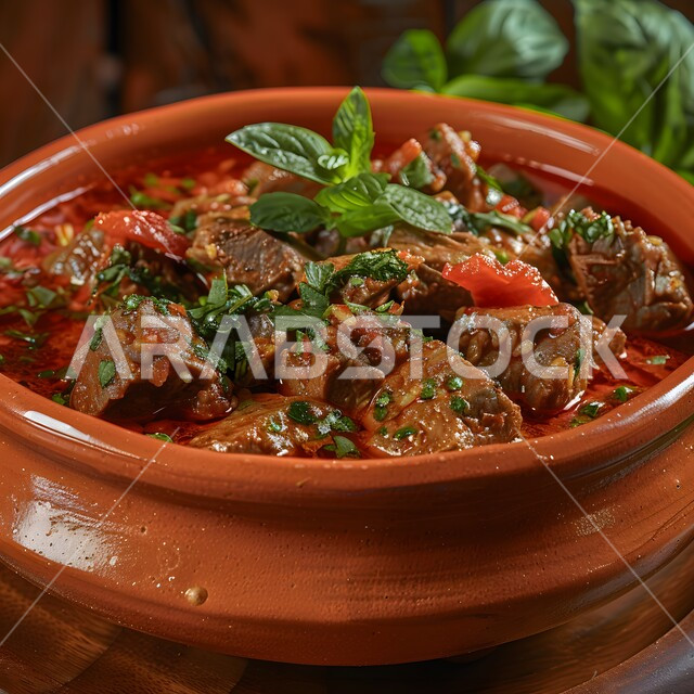 Beef stew dish with herbs and tomatoes in a bowl, recipes for grilled meat with distinct flavors, oriental food restaurants in the Kingdom of Saudi Arabia, healthy and nutritious meals, enjoying preparing delicious dishes