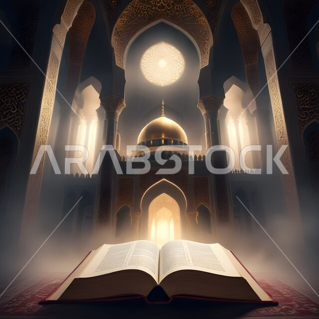 مجسم ثلاثي الابعاد للمسجد والمآذن مع القرآن الكريم، الاعياد والمناسبات الدينية، الزخارف الاسلامية والتصاميم العصرية على الطراز الحديث للجوامع، قالب تصميم إسلامي لاستقبال شهر رمضان المبارك،