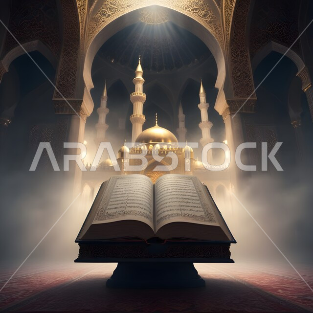 مجسم ثلاثي الابعاد للمسجد والمآذن مع القرآن الكريم، الاعياد والمناسبات الدينية، الزخارف الاسلامية والتصاميم العصرية على الطراز الحديث للجوامع، قالب تصميم إسلامي لاستقبال شهر رمضان المبارك،