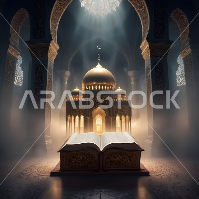 مجسم ثلاثي الابعاد للمسجد والمآذن مع القرآن الكريم، الاعياد والمناسبات الدينية، الزخارف الاسلامية والتصاميم العصرية على الطراز الحديث للجوامع، قالب تصميم إسلامي لاستقبال شهر رمضان المبارك،