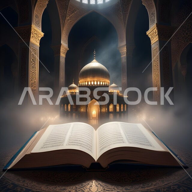 مجسم ثلاثي الابعاد للمسجد والمآذن مع القرآن الكريم، الاعياد والمناسبات الدينية، الزخارف الاسلامية والتصاميم العصرية على الطراز الحديث للجوامع، قالب تصميم إسلامي لاستقبال شهر رمضان المبارك،